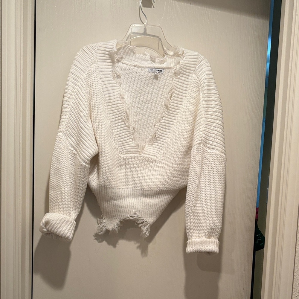 Fashion Nova Cream Frayed V-Neck Sweater